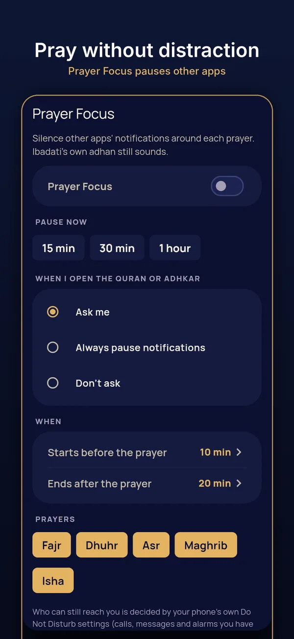 Prayer Focus settings