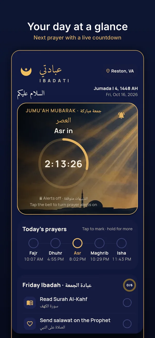 Ibadati home screen showing the next prayer with a live countdown